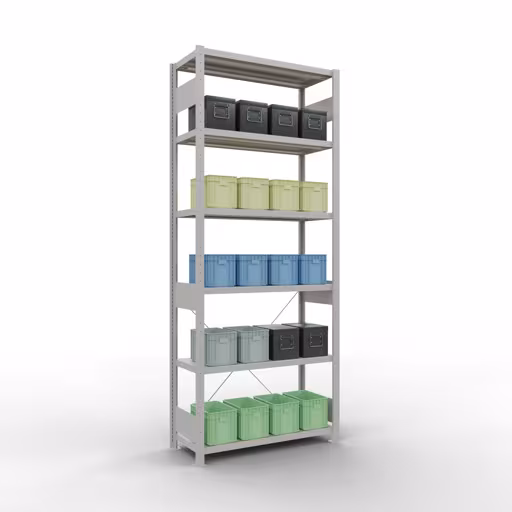 Zusatzbild des Artikels Grundregal, Fachbodenregal Stecksystem MULTIplus250, 2500 x 1000 x 400 mm (HxBxT), 6 Fachböden, Kreuzstrebe, RAL 7035 lichtgrau Zusatzbild des Artikels Grundregal, Fachbodenregal Stecksystem MULTIplus250, 2500 x 1000 x 400 mm (HxBxT), 6 Fachböden, Kreuzstrebe, RAL 7035 lichtgrau aus Grundregal