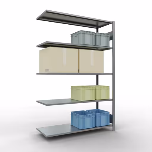 Anbauregal, Fachbodenregal Stecksystem MULTIplus150, 2000 x 1300 x 500 mm (HxBxT), 5 Fachböden, Längenriegel, verzinkt mit der Artikelnr. 12755-130-LR Anbauregal, Fachbodenregal Stecksystem MULTIplus150, 2000 x 1300 x 500 mm (HxBxT), 5 Fachböden, Längenriegel, verzinkt von Schulte Lagertechnik aus der Kategorie Stecksystem