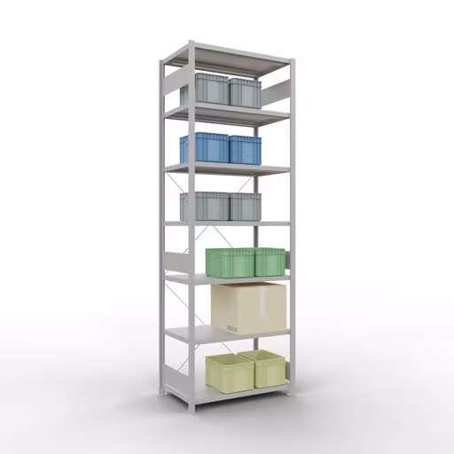 Grundregal, Fachbodenregal Stecksystem MULTIplus250, 3000 x 1000 x 600 mm (HxBxT), 7 Fachböden, Kreuzstrebe, RAL 7035 lichtgrau mit der Artikelnr. 32862 Grundregal, Fachbodenregal Stecksystem MULTIplus250, 3000 x 1000 x 600 mm (HxBxT), 7 Fachböden, Kreuzstrebe, RAL 7035 lichtgrau von Schulte Lagertechnik aus der Kategorie Stecksystem