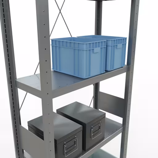 Zusatzbild des Artikels Grundregal, Fachbodenregal Stecksystem MULTIplus250, 3000 x 750 x 300 mm (HxBxT), 7 Fachböden, Kreuzstrebe, verzinkt Zusatzbild des Artikels Grundregal, Fachbodenregal Stecksystem MULTIplus250, 3000 x 750 x 300 mm (HxBxT), 7 Fachböden, Kreuzstrebe, verzinkt aus Grundregal