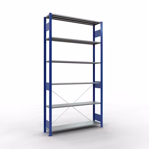 Andere Ansicht des Artikels Grundregal, Fachbodenregal Stecksystem MULTIplus150, 2500 x 1300 x 300 mm (HxBxT), 6 Fachböden, Kreuzstrebe, RAL 5010 enzianblau/verzinkt aus der Kategorie Stecksystem