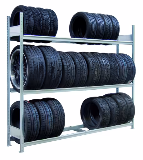 Grundregal, Großfach-Räder-/Reifenregal, 2000 x 2500 x 400 mm (HxBxT), verzinkt, 3 Lagerebenen á 400 kg Fachlast pro Ebene aus der Kategorie Autoteilelagerung mit der Artikelnummer 20970