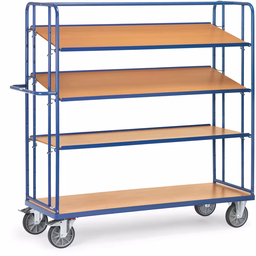 Etagenwagen 4395 mit 4 Böden Breite 610 mm, Länge 1250 mm von der Marke Fetra Etagenwagen neigbar 4 Etagen Stahlrohr-/Profilstahl-Konstruktion, pulverbeschichtet RAL 5007, 1 fester und 3 lose Böden aus Holzwerkstoffplatte Typ Ladeflächenbreite: 610 mm aus der Kategorie Etagenwagen mit der Artikelnr. 4395