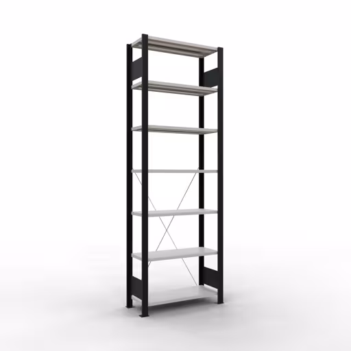 Grundregal, Büro-Fachbodenregal Stecksystem MULTIplus85, 2300 x 750 x 300 mm (HxBxT), 7 Fachböden, Kreuzstrebe, ohne Anschlagleiste, schwarz/lichtgrau aus der Kategorie Stecksystem mit der Artikelnummer 36030-S