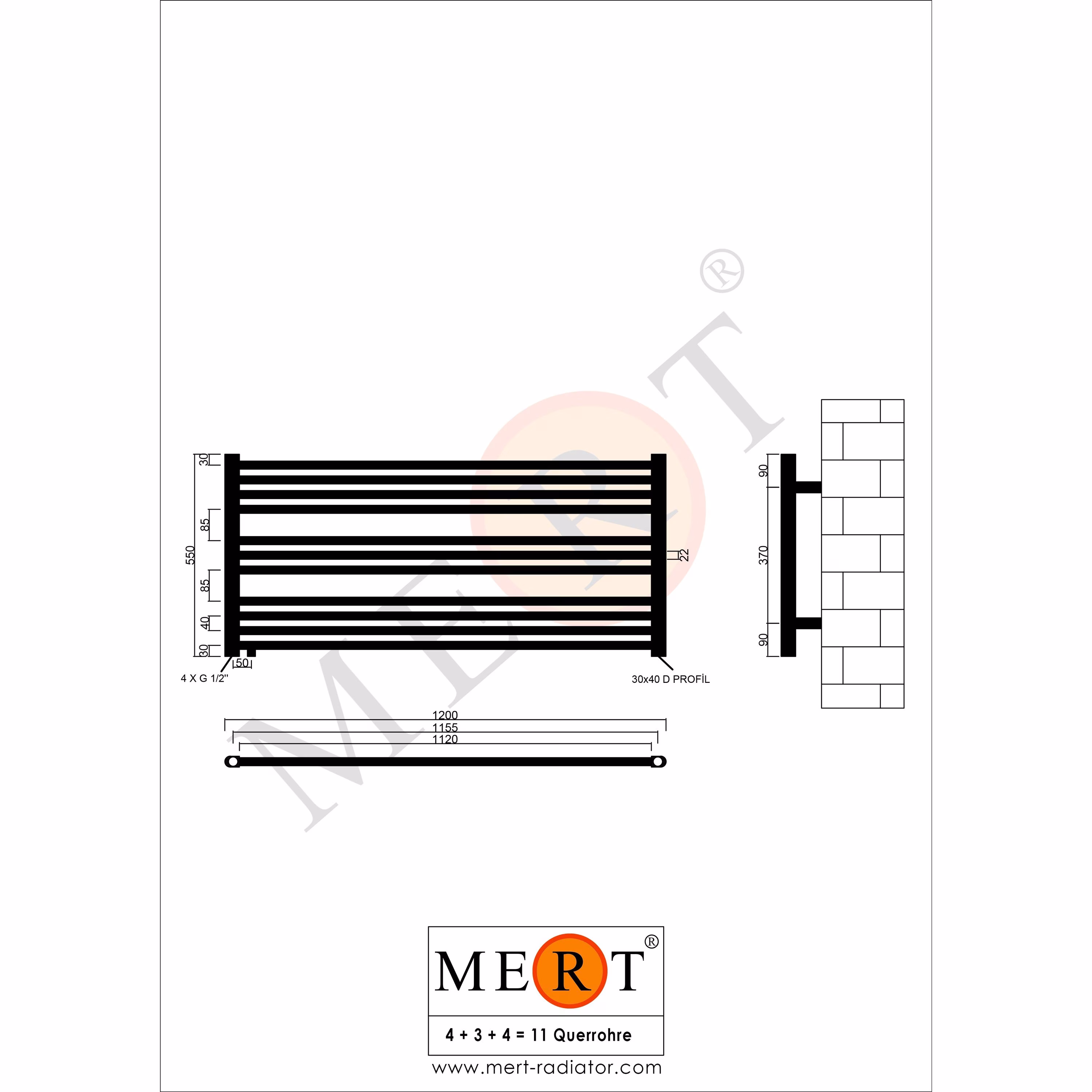 MERT Austausch Badheizkörper AU, weiß, 1200x550mm, unten versetzter Mittelanschluss
