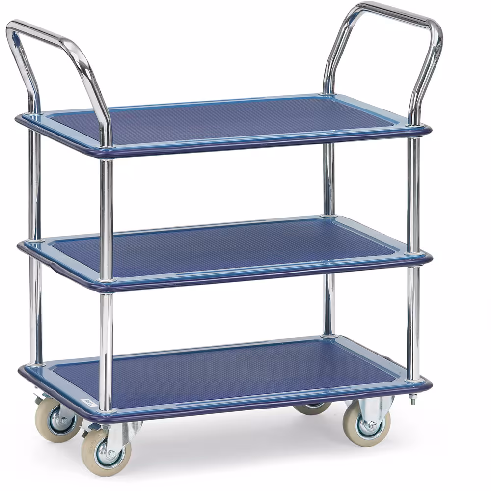 Ganzstahlwagen 3113 pulverbeschichtet brillantblau RAL 5007, mit aufgeklebtem Antirutschbelag und umlaufender Schutzleiste von der Marke Fetra aus der Produktreihe Transportsysteme