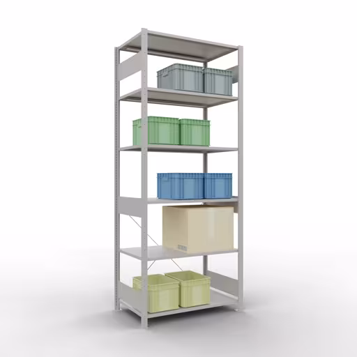 Abbildung Nr 14 des Artikels Grundregal, Fachbodenregal Stecksystem MULTIplus150, 2500 x 1000 x 600 mm (HxBxT), 6 Fachböden, Kreuzstrebe, RAL 7035 lichtgrau aus der Produktgruppe Stecksystem von der Marke Schulte Lagertechnik