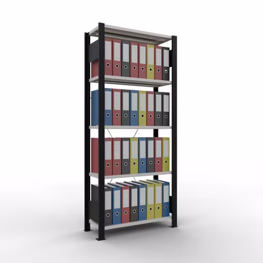 Grundregal, Büro-Fachbodenregal Stecksystem MULTIplus85, 1800 x 750 x 300 mm (HxBxT), 5 Fachböden, Kreuzstrebe, ohne Anschlagleiste, schwarz/lichtgrau aus der Kategorie Stecksystem mit der GTIN 4004514249708 Grundregal, Büro-Fachbodenregal Stecksystem MULTIplus85, 1800 x 750 x 300 mm (HxBxT), 5 Fachböden, Kreuzstrebe, ohne Anschlagleiste, schwarz/lichtgrau von der Marke Schulte Lagertechnik aus der Produktreihe Büroregale