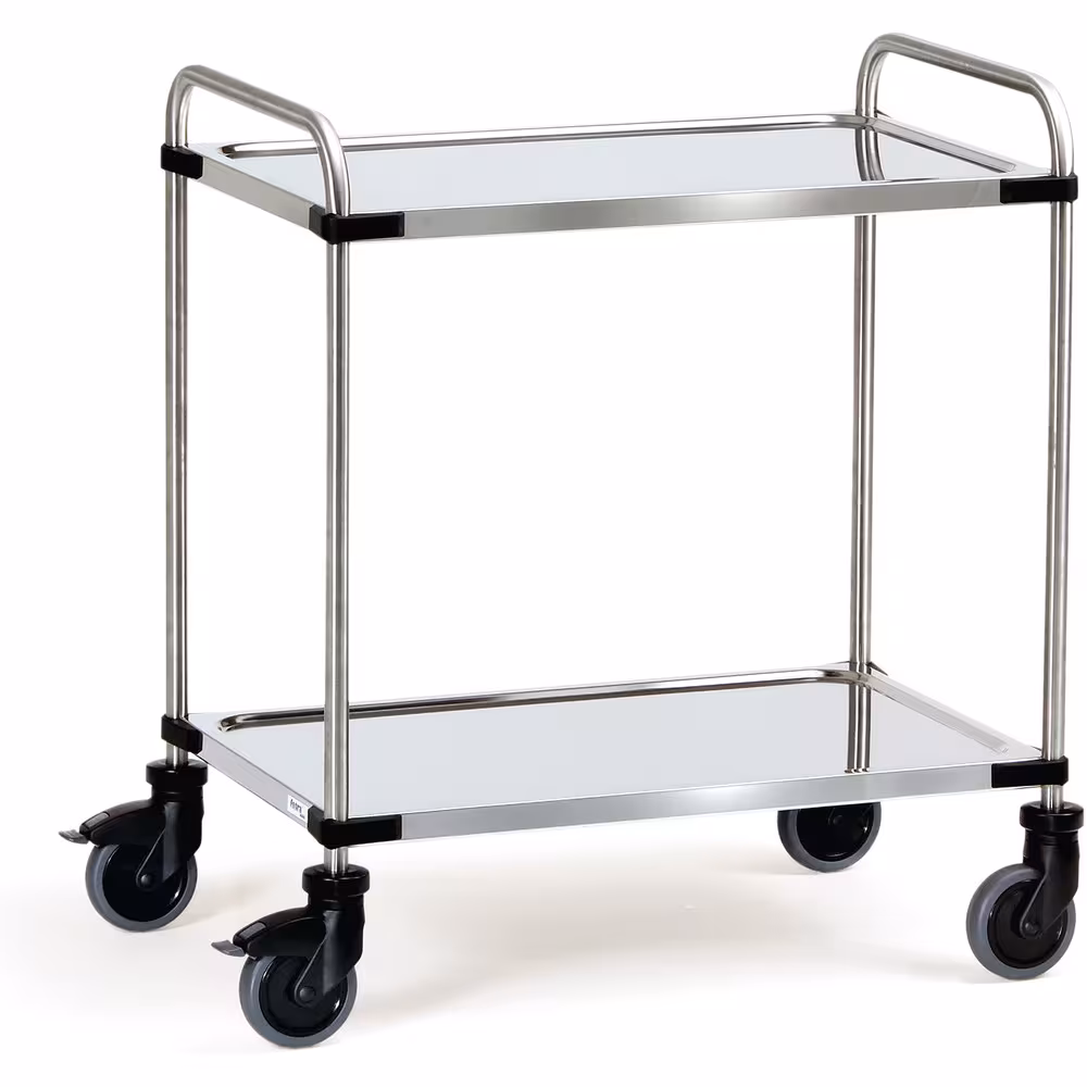 Edelstahlwagen 5036 mit Rohrschiebebügeln aus Chrom-Nickel-Stahl und 2 tiefgezogenen Böden aus Chrom-Stahl von der Marke Fetra Edelstahlwagen 5036 mit Rohrschiebebügeln aus Chrom-Nickel-Stahl und 2 tiefgezogenen Böden aus Chrom-Stahl aus der Kategorie Wagen mit der Artikelnummer 5036