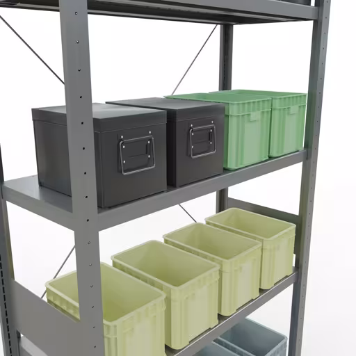 Andere Ansicht des Artikels Grundregal, Fachbodenregal Stecksystem MULTIplus250, 3000 x 1000 x 400 mm (HxBxT), 7 Fachböden, Kreuzstrebe, verzinkt Andere Ansicht des Artikels Grundregal, Fachbodenregal Stecksystem MULTIplus250, 3000 x 1000 x 400 mm (HxBxT), 7 Fachböden, Kreuzstrebe, verzinkt aus der Kategorie Stecksystem