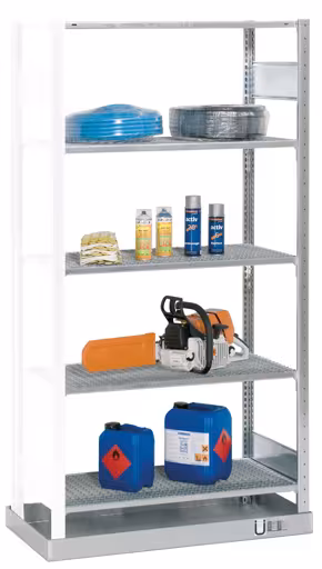 Anbauregal, Kleingebinderegal, 2000 x 1000 x 500 mm (HxBxT), verzinkt, mit Auffangwanne (Volumen: 33 Liter) und 4 Gitterrostböden von der Marke Schulte Lagertechnik aus der Produktreihe Fachbodenregale