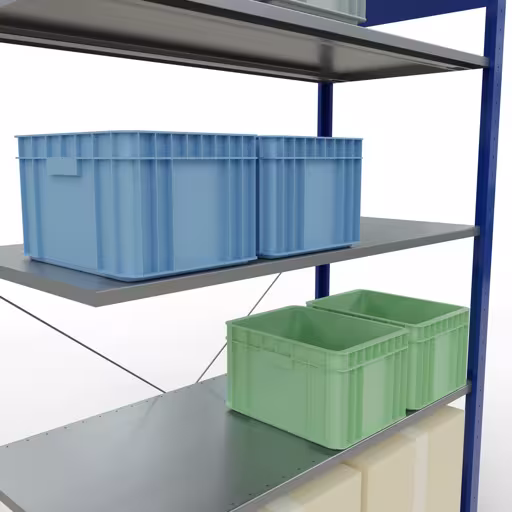 Produktbild Nr.14 des Artikels Anbauregal, Fachbodenregal Stecksystem MULTIplus150, 2000 x 1300 x 600 mm (HxBxT), 5 Fachböden, Kreuzstrebe, RAL 5010 enzianblau/verzinkt aus der Produktreihe Stecksystem von der Marke Schulte Lagertechnik