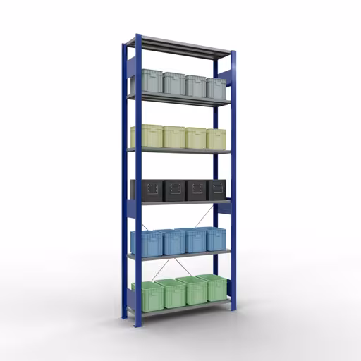 Grundregal, Fachbodenregal Stecksystem MULTIplus85, 2500 x 1000 x 300 mm (HxBxT), 6 Fachböden, Kreuzstrebe, RAL 5010 enzianblau von Schulte Lagertechnik mit der Artikelnr. 13131-B