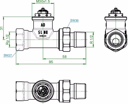 Technische Zeichnung 4101671 Thermostatventil Baureihe AV 9 M 30 x 1,5, PN 10, Durchgang DN 15 OVENTROP