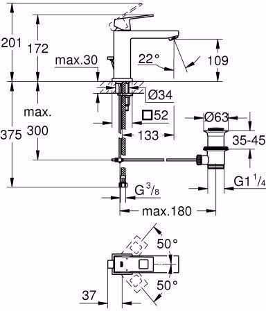 Technische Zeichnung 4046400 GROHE Einhand-Waschtischbatterie Eurocube 23445 mittelhohe Ausführung chrom