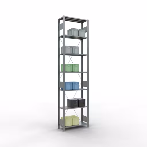 Grundregal, Fachbodenregal Stecksystem MULTIplus150, 3000 x 750 x 300 mm (HxBxT), 7 Fachböden, Kreuzstrebe, verzinkt mit der Artikelnr. 12732-75 Grundregal, Fachbodenregal Stecksystem MULTIplus150, 3000 x 750 x 300 mm (HxBxT), 7 Fachböden, Kreuzstrebe, verzinkt von Schulte Lagertechnik aus der Kategorie Stecksystem