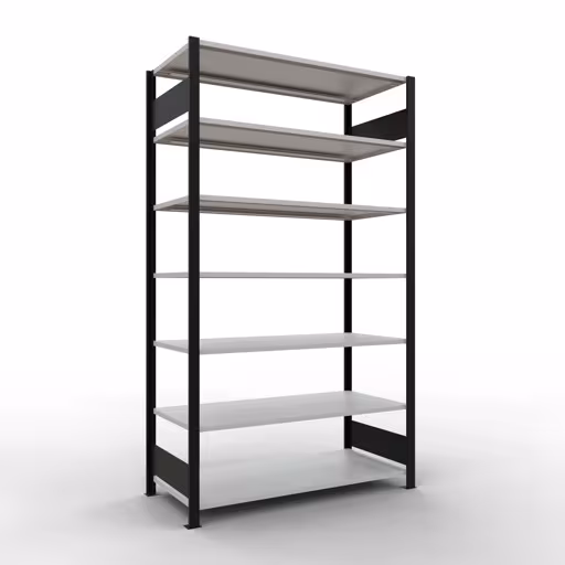 Grundregal, Büro-Fachbodenregal Stecksystem MULTIplus150, 2300 x 1300 x 600 mm (HxBxT), 7 Fachböden, Längenriegel, ohne Mittelanschlag, schwarz/lichtgrau aus der Kategorie Stecksystem mit der Artikelnummer 36068-S
