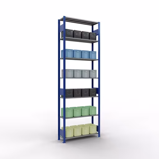 Grundregal, Fachbodenregal Stecksystem MULTIplus150, 3000 x 1000 x 300 mm (HxBxT), 7 Fachböden, Längenriegel, RAL 5010 enzianblau/verzinkt mit der GTIN 4004514279651 Grundregal, Fachbodenregal Stecksystem MULTIplus150, 3000 x 1000 x 300 mm (HxBxT), 7 Fachböden, Längenriegel, RAL 5010 enzianblau/verzinkt von Schulte Lagertechnik mit der Artikelnr. 12732-LR-B