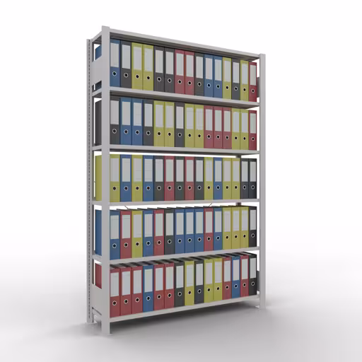 Abbildung Nr 14 des Artikels Grundregal, Büro-Fachbodenregal Stecksystem MULTIplus85, 2000 x 1300 x 300 mm (HxBxT), 6 Fachböden, Kreuzstrebe, mit Anschlagleiste, lichtgrau aus der Produktgruppe Büroregale von der Marke Schulte Lagertechnik