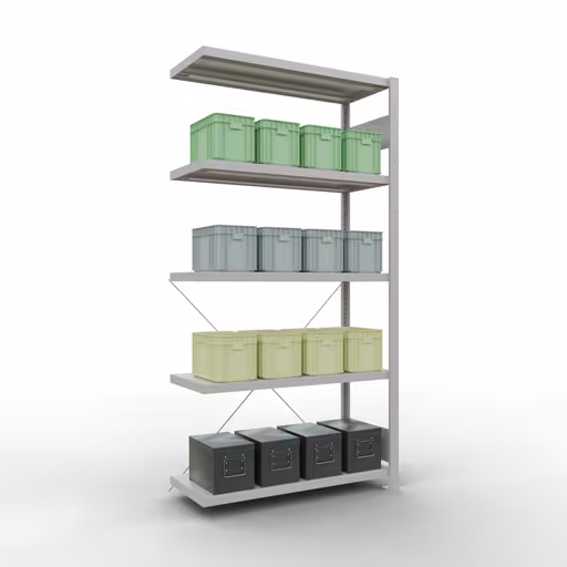 Anbauregal, Fachbodenregal Stecksystem MULTIplus250, 2000 x 1000 x 400 mm (HxBxT), 5 Fachböden, Kreuzstrebe, RAL 7035 lichtgrau mit der Artikelnr. 32845 Anbauregal, Fachbodenregal Stecksystem MULTIplus250, 2000 x 1000 x 400 mm (HxBxT), 5 Fachböden, Kreuzstrebe, RAL 7035 lichtgrau von Schulte Lagertechnik aus der Kategorie Stecksystem