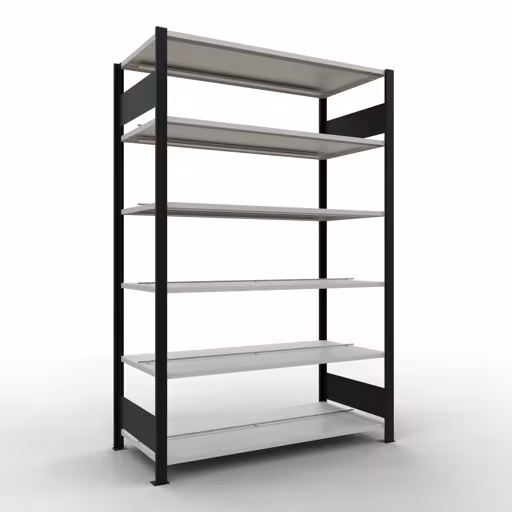 Grundregal, Büro-Fachbodenregal Stecksystem MULTIplus150, 2000 x 1300 x 600 mm (HxBxT), 6 Fachböden, Längenriegel, mit Mittelanschlag, schwarz/lichtgrau aus der Kategorie Stecksystem mit der Artikelnummer 36044-S