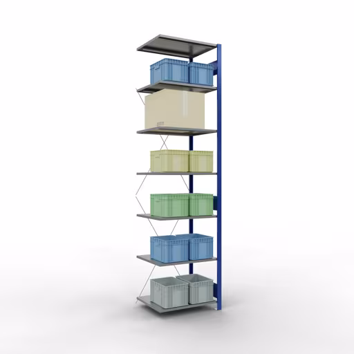 Anbauregal, Fachbodenregal Stecksystem MULTIplus150, 3000 x 750 x 600 mm (HxBxT), 7 Fachböden, Kreuzstrebe, RAL 5010 enzianblau/verzinkt/verzinkt mit der Artikelnr. 12767-75-B Anbauregal, Fachbodenregal Stecksystem MULTIplus150, 3000 x 750 x 600 mm (HxBxT), 7 Fachböden, Kreuzstrebe, RAL 5010 enzianblau/verzinkt/verzinkt von Schulte Lagertechnik aus der Kategorie Stecksystem