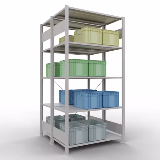 Produktbild Nr.11 des Artikels Grundregal, Doppelregal, Fachbodenregal Stecksystem MULTIplus150, 2000 x 1000 x (2x500) mm (HxBxT), 2x5 Fachböden, Kreuzstrebe, RAL 7035 lichtgrau aus der Produktreihe Fachbodenregale von der Marke Schulte Lagertechnik