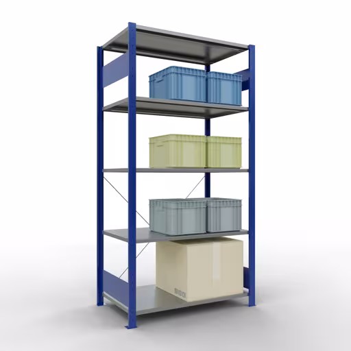 Andere Ansicht des Artikels Grundregal, Fachbodenregal Stecksystem MULTIplus150, 2000 x 1000 x 600 mm (HxBxT), 5 Fachböden, Kreuzstrebe, RAL 5010/verzinkt Andere Ansicht des Artikels Grundregal, Fachbodenregal Stecksystem MULTIplus150, 2000 x 1000 x 600 mm (HxBxT), 5 Fachböden, Kreuzstrebe, RAL 5010/verzinkt aus der Kategorie Stecksystem