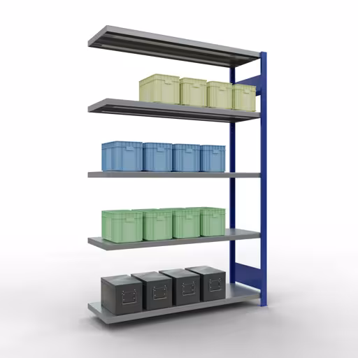 Abbildung Nr 14 des Artikels Anbauregal, Fachbodenregal Stecksystem MULTIplus250, 2000 x 1300 x 400 mm (HxBxT), 5 Fachböden, Längenriegel, RAL 5010 enzianblau/verzinkt aus der Produktgruppe Stecksystem von der Marke Schulte Lagertechnik