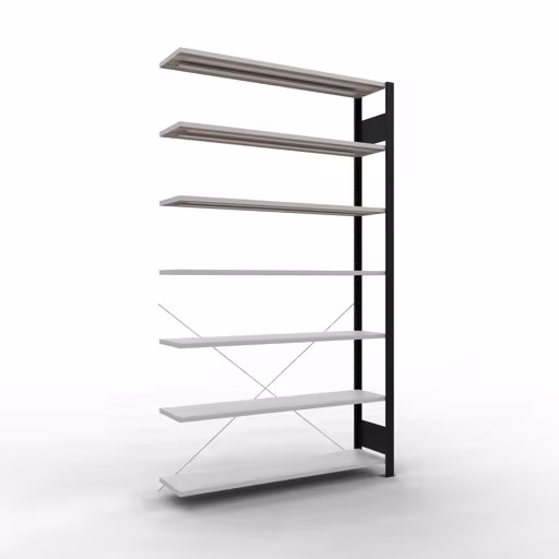 Anbauregal, Büro-Fachbodenregal Stecksystem MULTIplus85, 2300 x 1300 x 300 mm (HxBxT), 7 Fachböden, Kreuzstrebe, ohne Anschlagleiste, schwarz/lichtgrau aus der Kategorie Stecksystem mit der Artikelnummer 36035-S