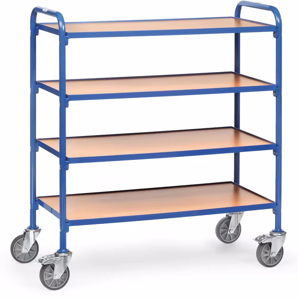 Beistellwagen 32940 - mit Böden pulverbeschichtet blau RAL 5007, Schraubkonstruktion, 4 Etagen mit Holzwerkstoffplatten, Rand 10 mm hoch aus der Kategorie Etagenwagen mit der Artikelnummer 32940