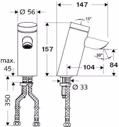 Technische Zeichnung 3966281 Selbstschluss-WT-Armatur PURIS Hochdruck Mischwasser chrom Typ SC-M SCHELL