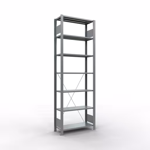 Grundregal, Büro-Fachbodenregal Stecksystem MULTIplus85, 2300 x 750 x 300 mm (HxBxT), 7 Fachböden, Kreuzstrebe, verzinkt, ohne Anschlagleiste aus der Kategorie Stecksystem mit der Artikelnummer 17730