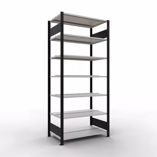 Grundregal, Büro-Fachbodenregal Stecksystem MULTIplus150, 2300 x 1000 x 600 mm (HxBxT), 7 Fachböden, Längenriegel, mit Mittelanschlag, schwarz/lichtgrau aus der Kategorie Stecksystem mit der Artikelnummer 36049-S