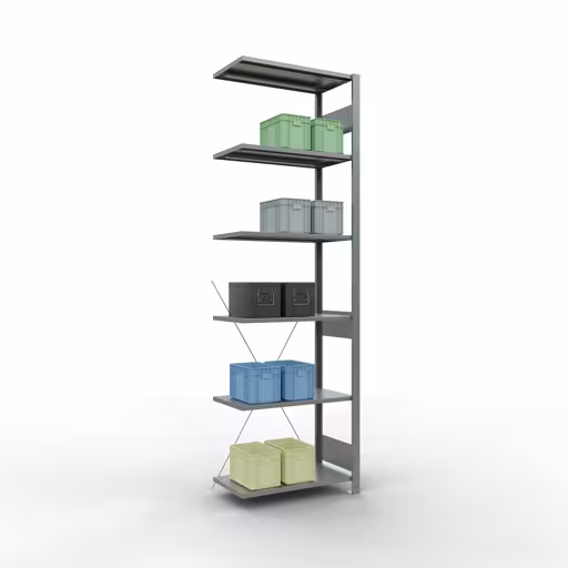 Zusatzbild des Artikels Anbauregal, Fachbodenregal Stecksystem MULTIplus150, 2500 x 750 x 400 mm (HxBxT), 6 Fachböden, Kreuzstrebe, verzinkt Zusatzbild des Artikels Anbauregal, Fachbodenregal Stecksystem MULTIplus150, 2500 x 750 x 400 mm (HxBxT), 6 Fachböden, Kreuzstrebe, verzinkt aus Anbauregal