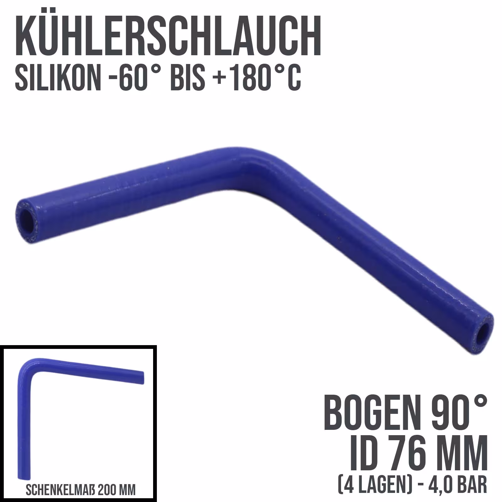 76 x 86 mm Kühlerschlauch Silikon Bogen 90° LLK Ladeluft Kühlmittel Schlauch blau (4,0 bar) - 200mm aus der Kategorie Kühlwasserschläuche mit der Artikelnummer KSB076-090-200GA