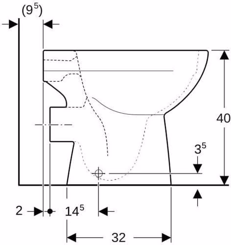 Technische Zeichnung 3966450 Geberit Renova Stand-WC Tiefspüler, Abgang horizontal teilgeschlossene Form, Rimfree, weiß
