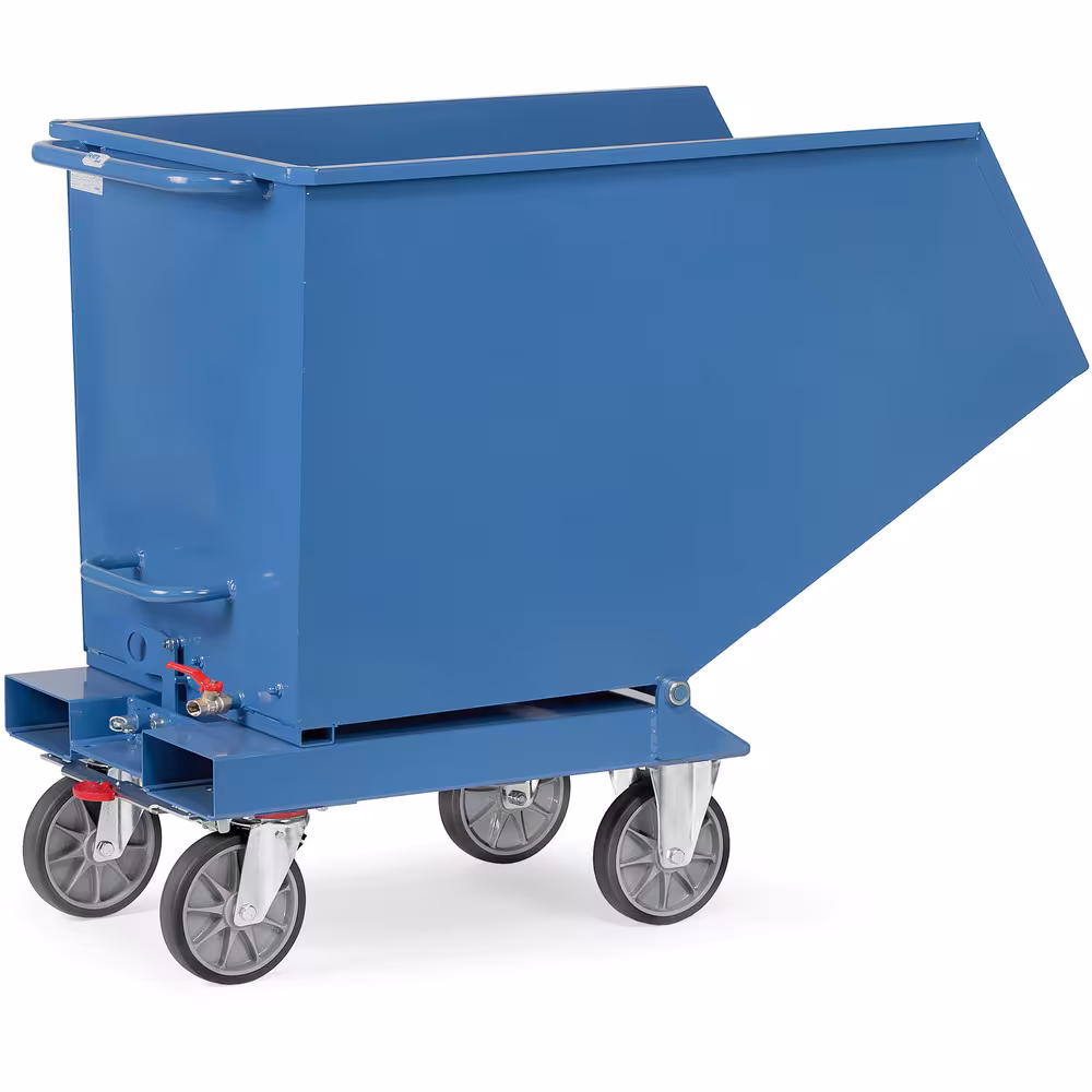 Muldenkipper 4702A mit ABLASSHAHN Inhalt 450 Liter von der Marke Fetra Muldenkipper mit Ablasshahn mit kippbar gelagerter Mulde aus 2 mm starkem Stahlblech, Rand oben zweimal umgekantet Typ Inhalt: 450 Liter aus der Kategorie Kipper mit der Artikelnr. 4702A