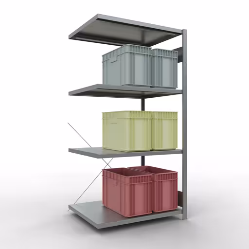 Anbauregal, Fachbodenregal Stecksystem MULTIplus330, 2000 x 1000 x 800 mm (HxBxT), 5 Fachböden, Kreuzstrebe, verzinkt von Schulte Lagertechnik mit der Artikelnr. 13985