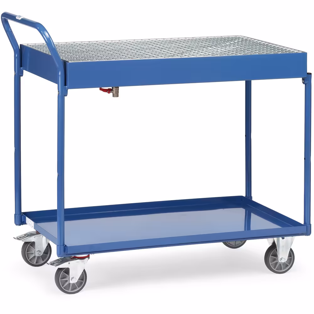 Tischwagen 2722 Stahlkonstruktion, geschweißt. Pulverbeschichtet brillantblau RAL 5007, Stahlrohrbügel und Stahlblechwannen verschraubt von der Marke Fetra aus der Produktreihe Transportsysteme