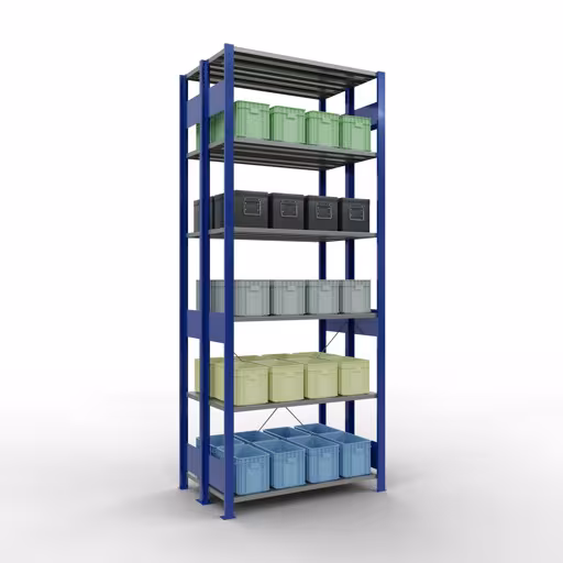 Grundregal, Doppelregal, Fachbodenregal Stecksystem MULTIplus150, 2500 x 1000 x (2x300) mm (HxBxT), 2x6 Fachböden, Kreuzstrebe, RAL 5010 enzianblau mit der GTIN 4004514293718 Grundregal, Doppelregal, Fachbodenregal Stecksystem MULTIplus150, 2500 x 1000 x (2x300) mm (HxBxT), 2x6 Fachböden, Kreuzstrebe, RAL 5010 enzianblau von Schulte Lagertechnik mit der Artikelnr. 32731-B