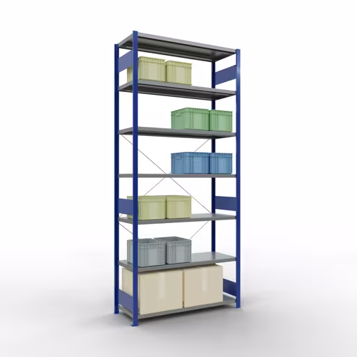 Grundregal, Fachbodenregal Stecksystem MULTIplus250, 3000 x 1300 x 500 mm (HxBxT), 7 Fachböden, Kreuzstrebe, RAL 5010 enzianblau/verzinkt aus der Kategorie Grundregal mit der GTIN 4004514283146 Grundregal, Fachbodenregal Stecksystem MULTIplus250, 3000 x 1300 x 500 mm (HxBxT), 7 Fachböden, Kreuzstrebe, RAL 5010 enzianblau/verzinkt von der Marke Schulte Lagertechnik aus der Produktreihe Stecksystem