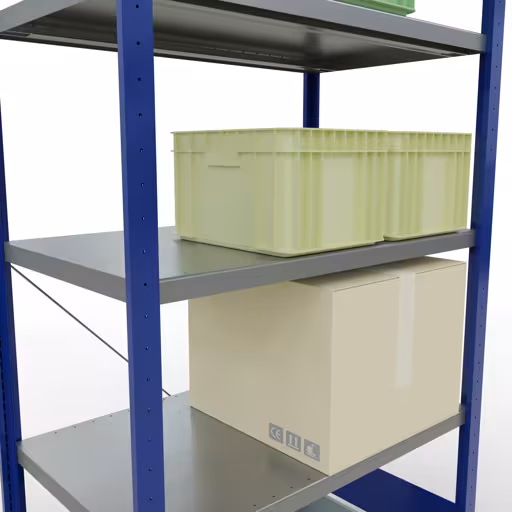 Andere Ansicht des Artikels Grundregal, Fachbodenregal Stecksystem MULTIplus250, 2000 x 1000 x 600 mm (HxBxT), 5 Fachböden, Kreuzstrebe, RAL 5010 enzianblau/verzinkt Andere Ansicht des Artikels Grundregal, Fachbodenregal Stecksystem MULTIplus250, 2000 x 1000 x 600 mm (HxBxT), 5 Fachböden, Kreuzstrebe, RAL 5010 enzianblau/verzinkt aus der Kategorie Stecksystem