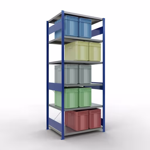 Produktbild Nr.14 des Artikels Grundregal, Fachbodenregal Stecksystem MULTIplus250, 2500 x 1000 x 800 mm (HxBxT), 6 Fachböden, Kreuzstrebe, RAL 5010 enzianblau/verzinkt aus der Produktreihe Stecksystem von der Marke Schulte Lagertechnik