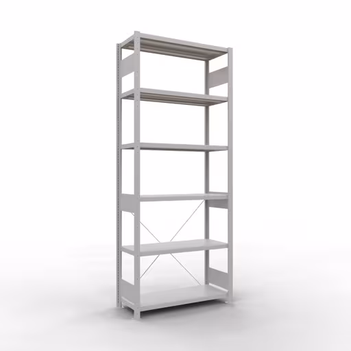 Grundregal, Fachbodenregal Stecksystem MULTIplus330, 2500 x 1000 x 400 mm (HxBxT), 6 Fachböden, Kreuzstrebe, RAL 7035 lichtgrau von der Marke Schulte Lagertechnik Grundregal, Fachbodenregal Stecksystem MULTIplus330, 2500 x 1000 x 400 mm (HxBxT), 6 Fachböden, Kreuzstrebe, RAL 7035 lichtgrau aus der Kategorie Grundregal mit der Artikelnummer 33841