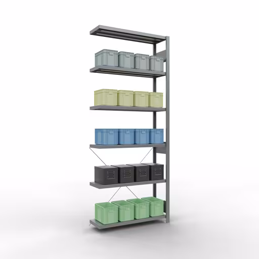 Anbauregal, Fachbodenregal Stecksystem MULTIplus250, 2500 x 1000 x 300 mm (HxBxT), 6 Fachböden, Kreuzstrebe, verzinkt aus der Kategorie Anbauregal mit der GTIN 4004514202994 Anbauregal, Fachbodenregal Stecksystem MULTIplus250, 2500 x 1000 x 300 mm (HxBxT), 6 Fachböden, Kreuzstrebe, verzinkt von der Marke Schulte Lagertechnik aus der Produktreihe Stecksystem