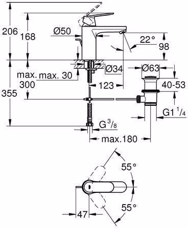 Technische Zeichnung 4050350 GROHE Einhand-Waschtischbatterie Eurosmart C 23325 mittelhoch Zugstangen-Ablaufgarnitur chrom