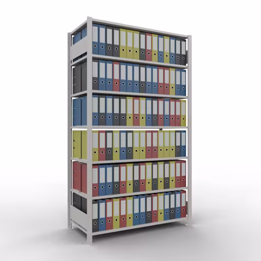 Grundregal, Büro-Fachbodenregal Stecksystem MULTIplus150, 2300 x 1300 x 600 mm (HxBxT), 7 Fachböden, Längenriegel, mit Mittelanschlag, lichtgrau von der Marke Schulte Lagertechnik aus der Produktreihe Büroregale