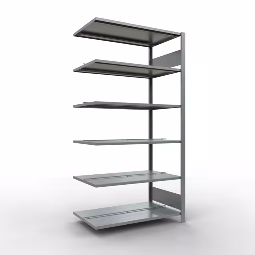 Anbauregal, Büro-Fachbodenregal Stecksystem MULTIplus150, 2000 x 1000 x 600 mm (HxBxT), 6 Fachböden, Längenriegel, verzinkt, mit Mittelanschlag aus der Kategorie Stecksystem mit der Artikelnummer 17746