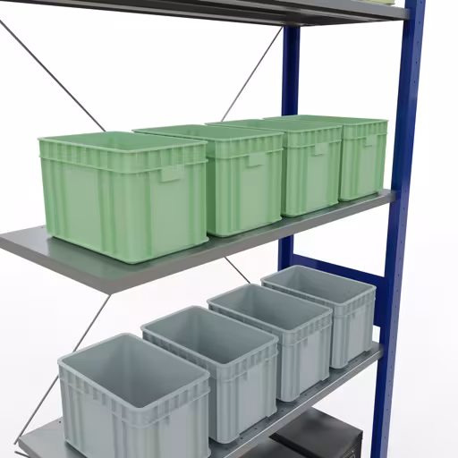 Abbildung Nr 10 des Artikels Anbauregal, Fachbodenregal Stecksystem MULTIplus85, 3000 x 1000 x 400 mm (HxBxT), 7 Fachböden, Kreuzstrebe, RAL 5010 enzianblau aus der Produktgruppe Stecksystem von der Marke Schulte Lagertechnik